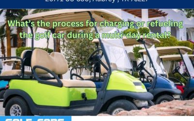 What’s the process for charging or refueling the golf car during a multi-day rental?